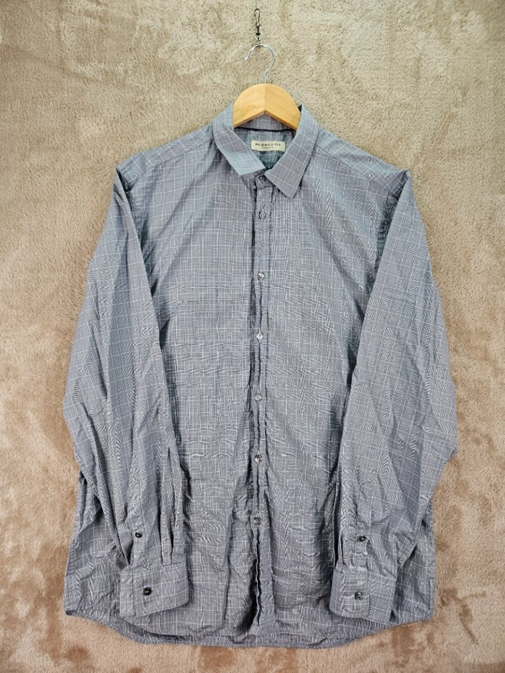 Burberry London Long-sleeve Button-down Shirt Blue Gray Fine-checked Pattern